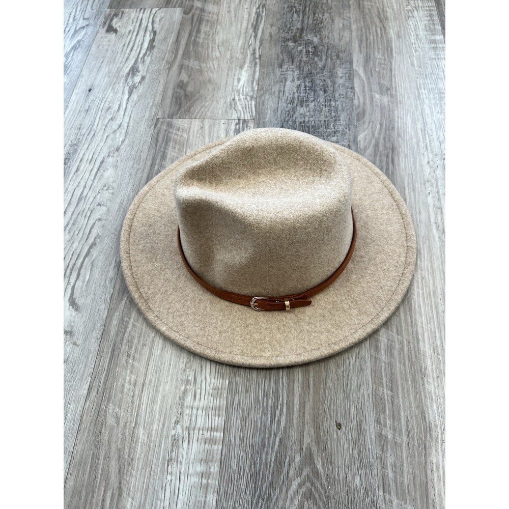 Alter’d State Women’s Fedora Hat Beige With Brown Leather Strap Wool Blend NWOT